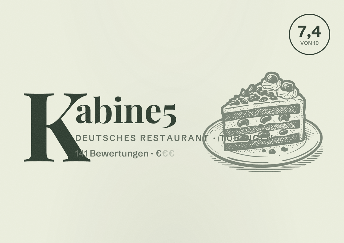 Illustriertes Poster von Kabine5, Deutsches Restaurant in Tübingen: Bewertung 7,4 von 10 aus 141 Bewertungen, Preisniveau €