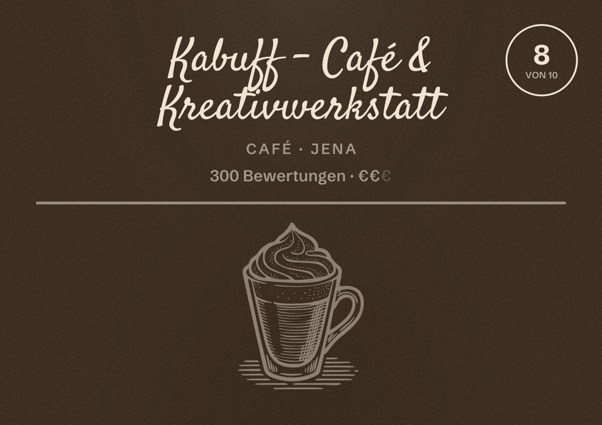 Illustriertes Poster von Kabuff - Café & Kreativwerkstatt, Café in Jena: Bewertung 8 von 10 aus 300 Bewertungen, Preisniveau €€