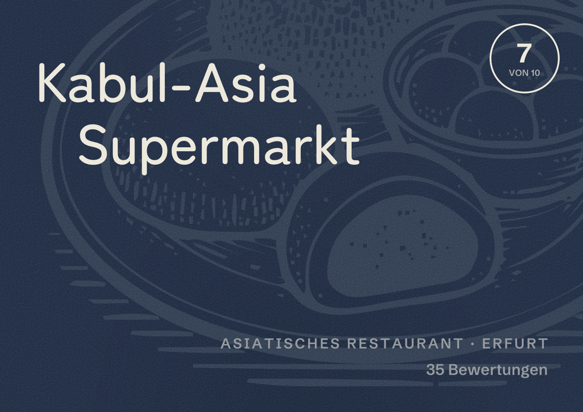 Illustriertes Poster von Kabul-Asia Supermarkt, Asiatisches Restaurant in Erfurt: Bewertung 7 von 10 aus 35 Bewertungen