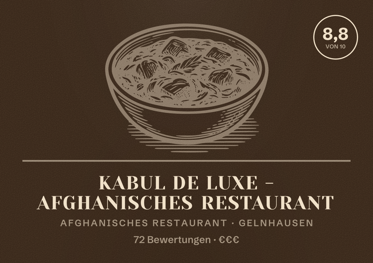 Illustriertes Poster von Kabul de Luxe - Afghanisches Restaurant, Afghanisches Restaurant in Gelnhausen: Bewertung 8,8 von 10 aus 72 Bewertungen, Preisniveau €€€