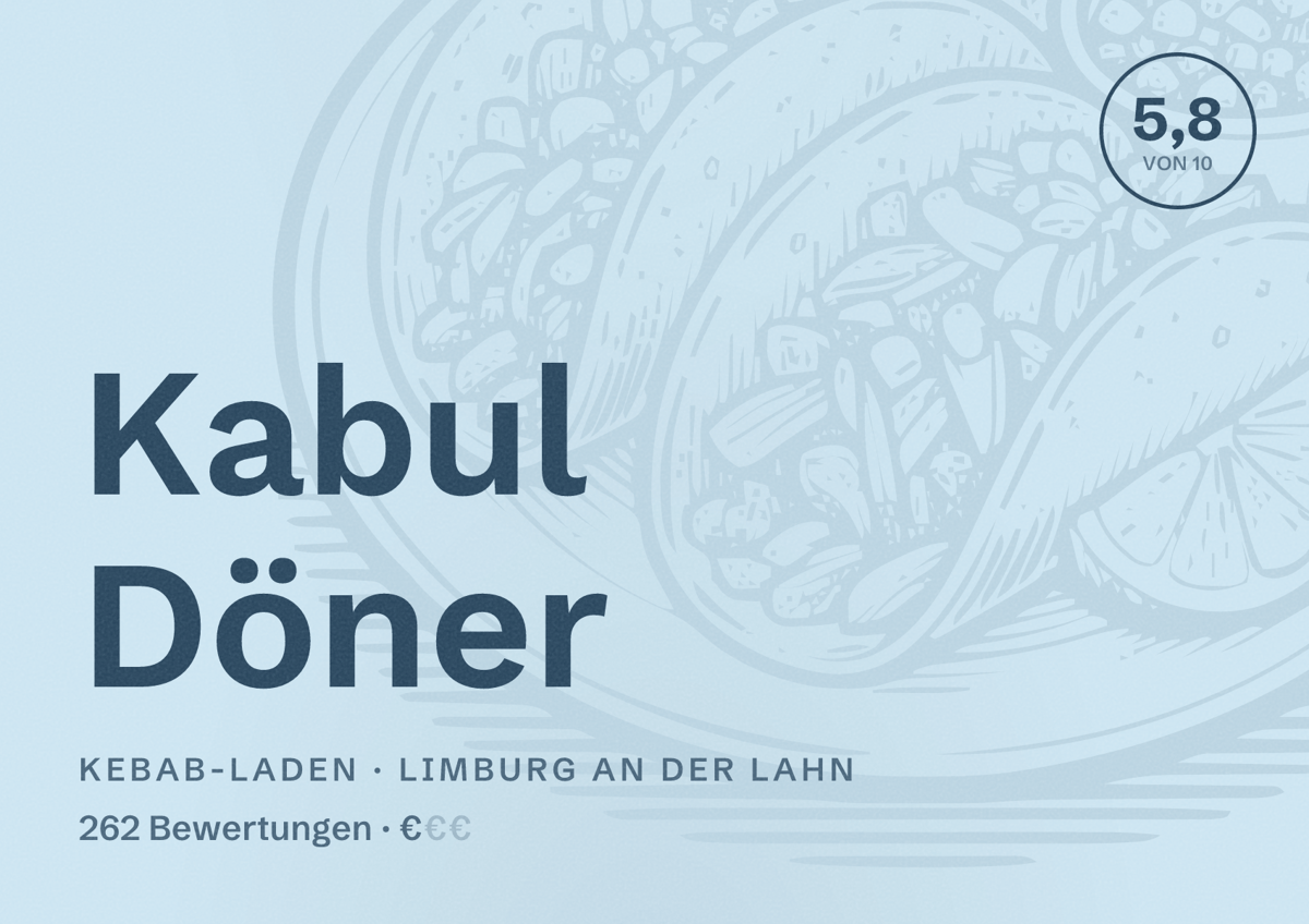 Illustriertes Poster von Kabul Döner, Kebab-Laden in Limburg an der Lahn: Bewertung 5,8 von 10 aus 262 Bewertungen, Preisniveau €