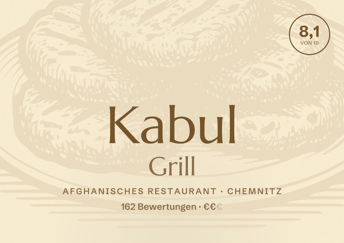 Illustriertes Poster von Kabul Grill, Afghanisches Restaurant in Chemnitz: Bewertung 8,1 von 10 aus 162 Bewertungen, Preisniveau €€