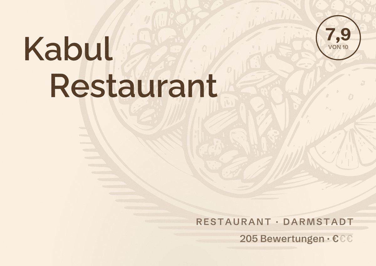 Illustriertes Poster von Kabul Restaurant, Restaurant in Darmstadt: Bewertung 7,9 von 10 aus 205 Bewertungen, Preisniveau €