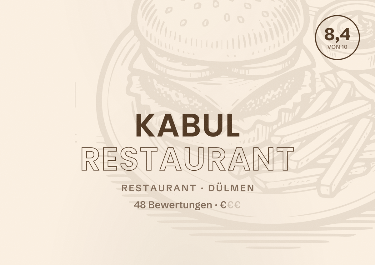 Illustriertes Poster von Kabul Restaurant, Restaurant in Dülmen: Bewertung 8,4 von 10 aus 48 Bewertungen, Preisniveau €