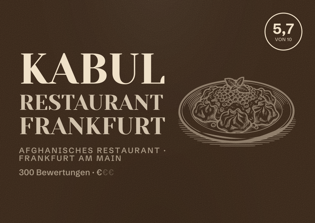 Illustriertes Poster von Kabul Restaurant Frankfurt, Afghanisches Restaurant in Frankfurt am Main: Bewertung 5,7 von 10 aus 300 Bewertungen, Preisniveau €