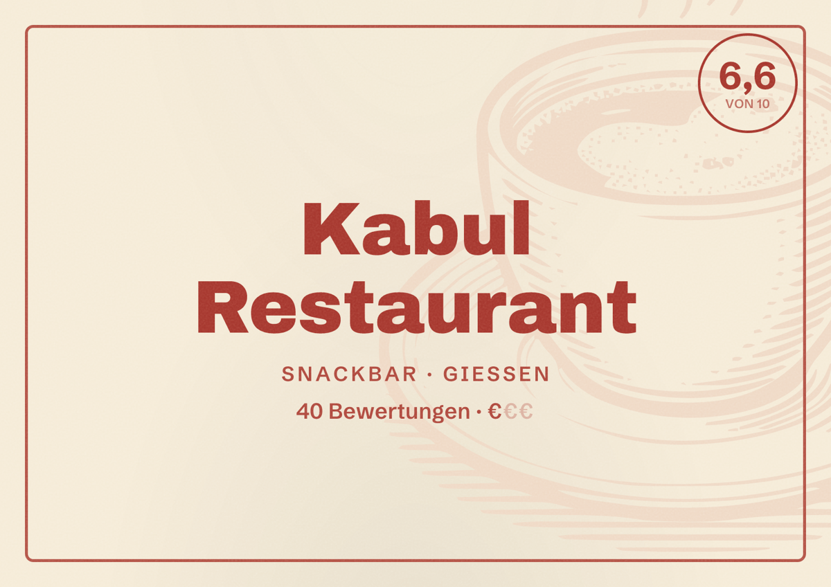 Illustriertes Poster von Kabul Restaurant, Snackbar in Gießen: Bewertung 6,6 von 10 aus 40 Bewertungen, Preisniveau €