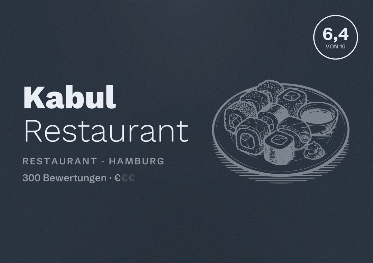 Illustriertes Poster von Kabul Restaurant, Restaurant in Hamburg: Bewertung 6,4 von 10 aus 300 Bewertungen, Preisniveau €