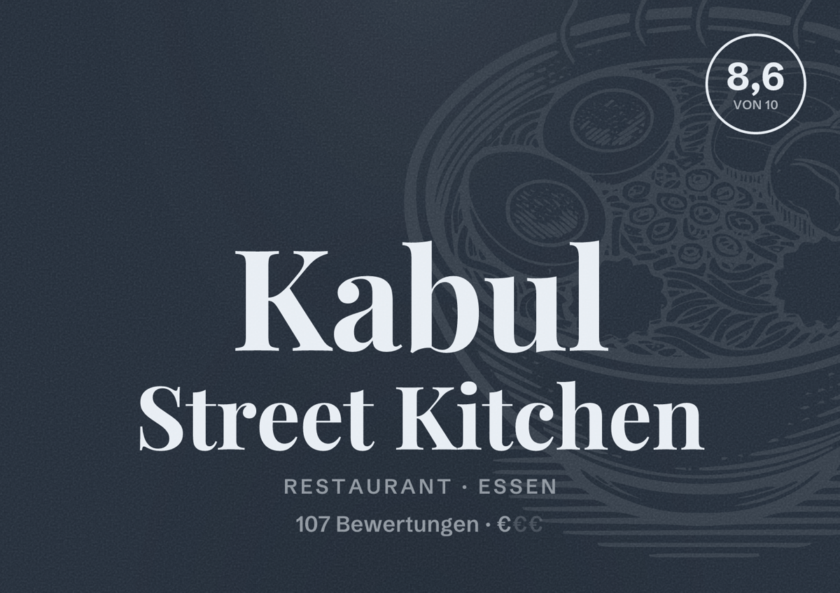 Illustriertes Poster von Kabul Street Kitchen, Restaurant in Essen: Bewertung 8,6 von 10 aus 107 Bewertungen, Preisniveau €