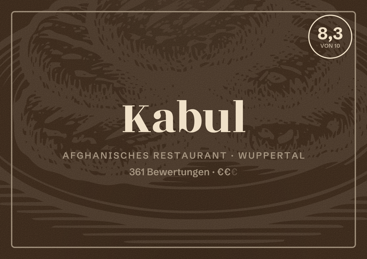 Illustriertes Poster von Kabul, Afghanisches Restaurant in Wuppertal: Bewertung 8,3 von 10 aus 361 Bewertungen, Preisniveau €€
