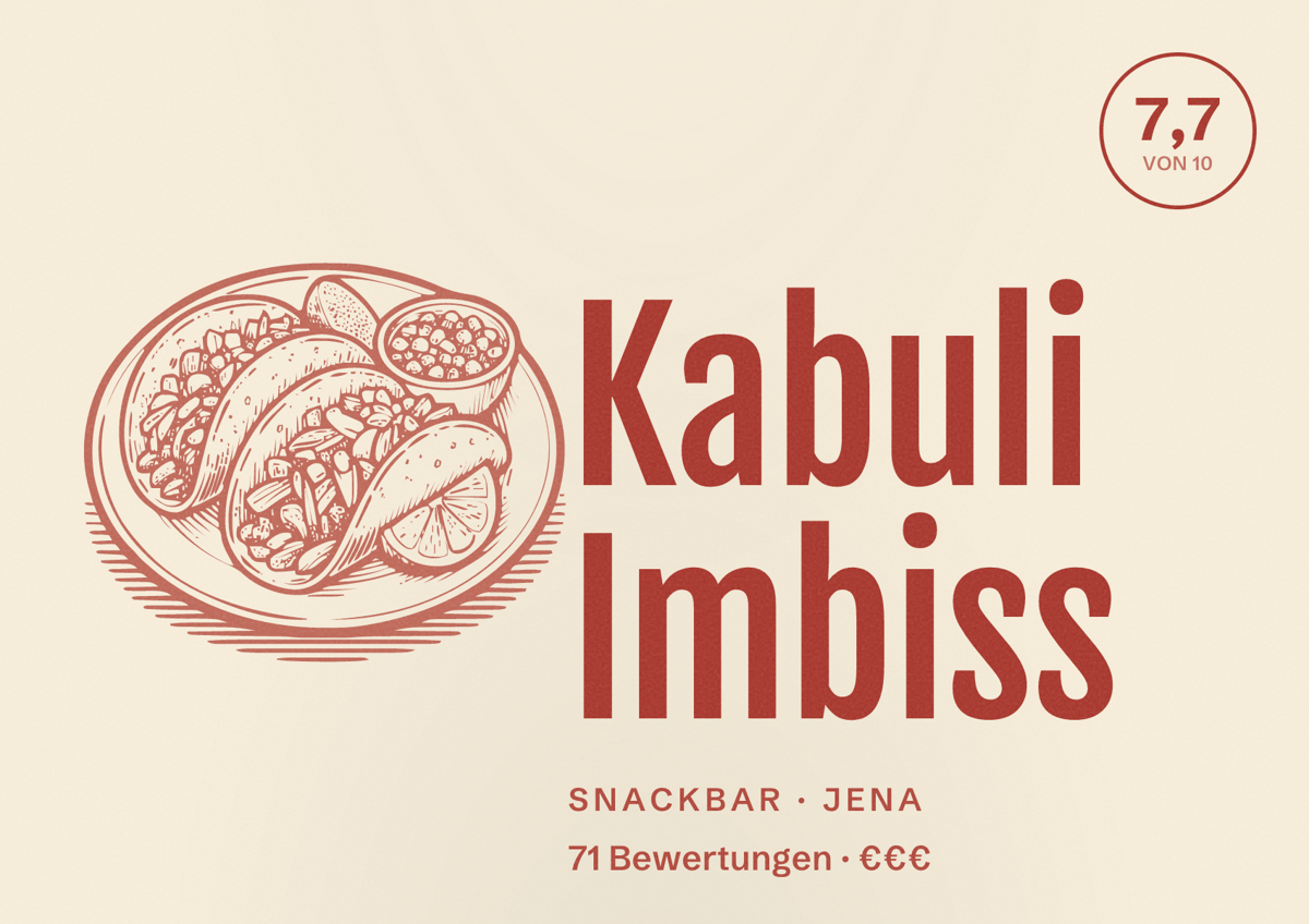 Illustriertes Poster von Kabuli Imbiss, Snackbar in Jena: Bewertung 7,7 von 10 aus 71 Bewertungen, Preisniveau €€€