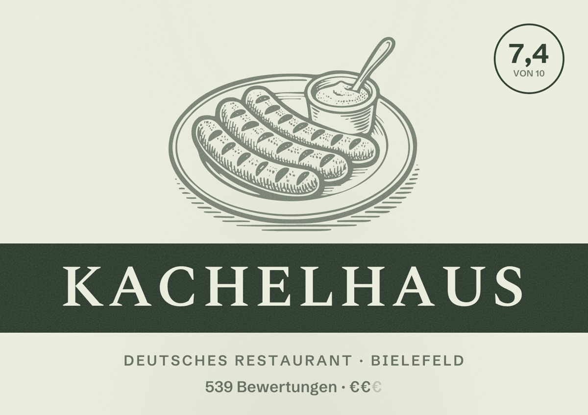 Illustriertes Poster von Kachelhaus, Deutsches Restaurant in Bielefeld: Bewertung 7,4 von 10 aus 539 Bewertungen, Preisniveau €€