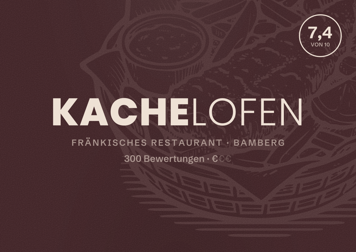 Illustriertes Poster von Kachelofen, Fränkisches Restaurant in Bamberg: Bewertung 7,4 von 10 aus 300 Bewertungen, Preisniveau €