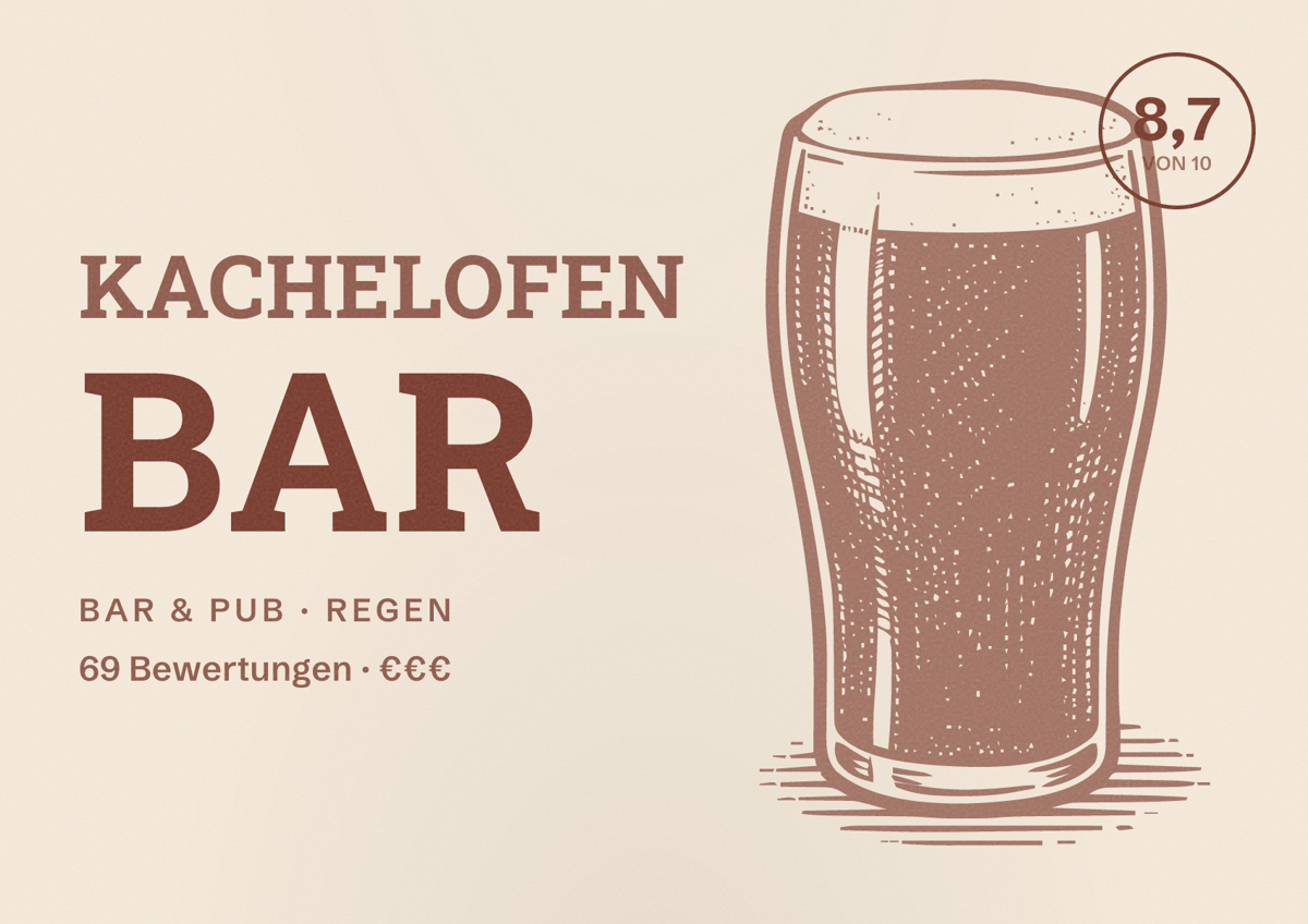 Illustriertes Poster von Kachelofen Bar, Bar & Pub in Regen: Bewertung 8,7 von 10 aus 69 Bewertungen, Preisniveau €€€