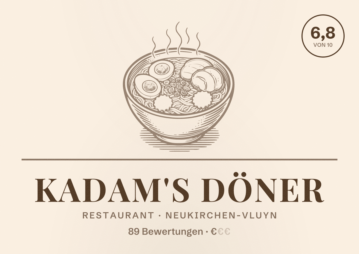 Illustriertes Poster von KADAM'S DÖNER, Restaurant in Neukirchen-Vluyn: Bewertung 6,8 von 10 aus 89 Bewertungen, Preisniveau €