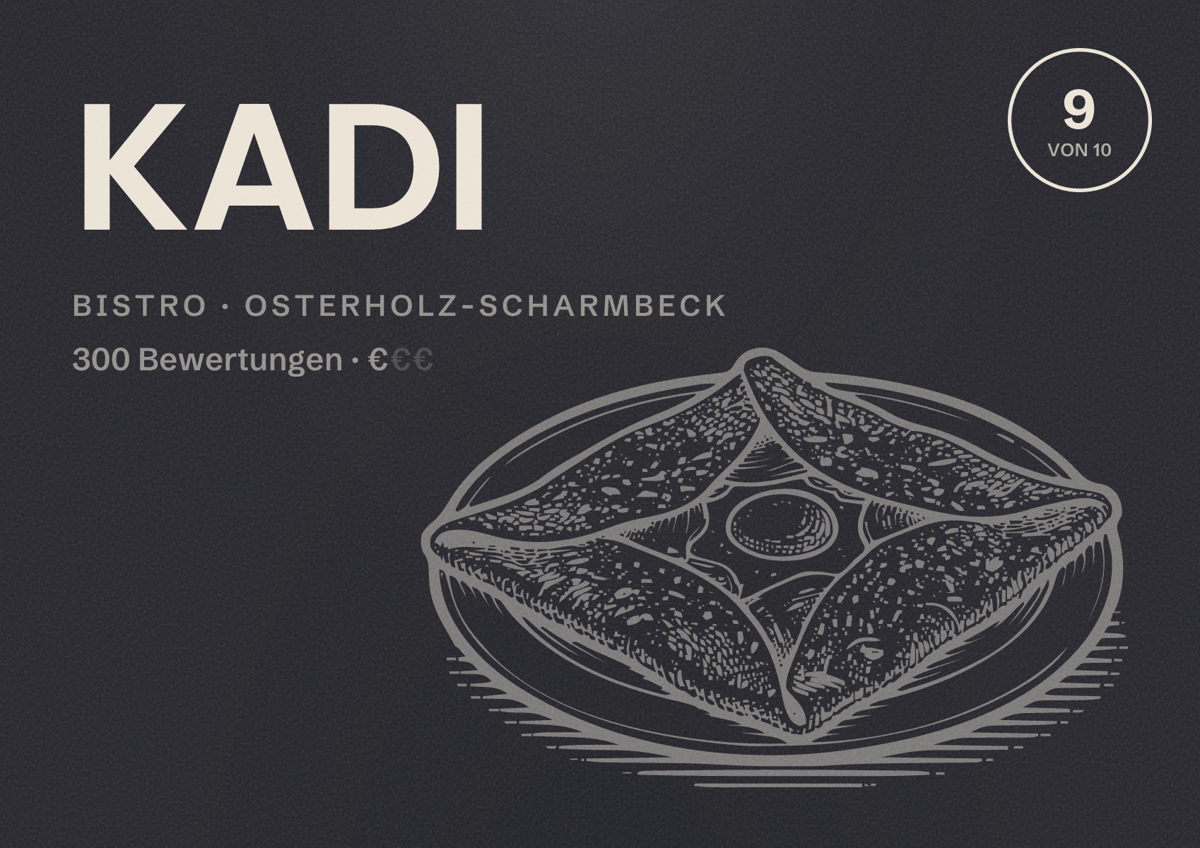 Illustriertes Poster von KADI, Bistro in Osterholz-Scharmbeck: Bewertung 9 von 10 aus 300 Bewertungen, Preisniveau €