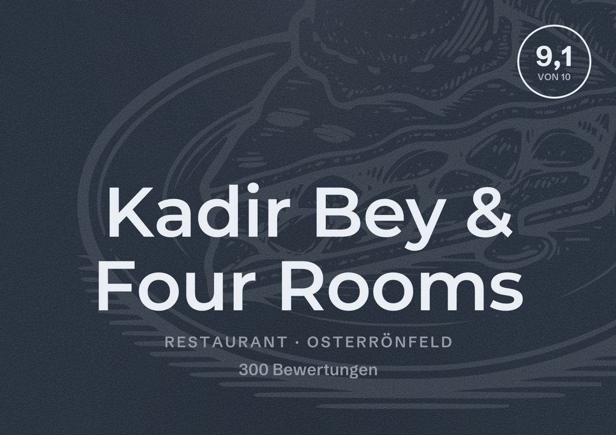 Illustriertes Poster von Kadir Bey & Four Rooms, Restaurant in Osterrönfeld: Bewertung 9,1 von 10 aus 300 Bewertungen