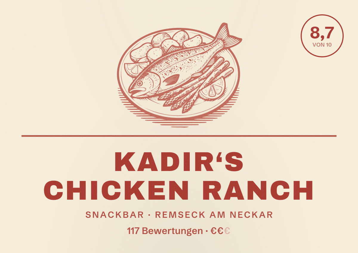 Illustriertes Poster von Kadir‘s Chicken Ranch, Snackbar in Remseck am Neckar: Bewertung 8,7 von 10 aus 117 Bewertungen, Preisniveau €€