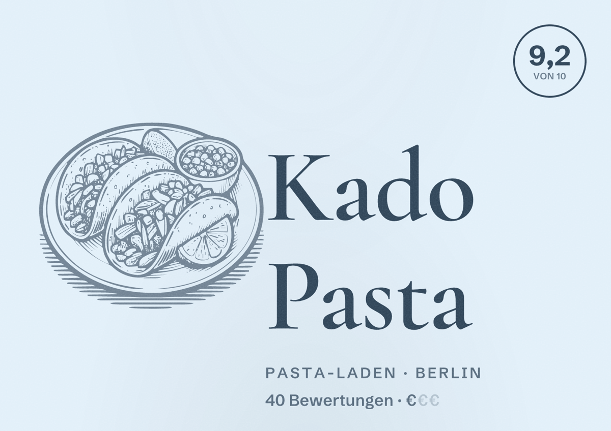 Illustriertes Poster von Kado Pasta, Pasta-Laden in Berlin: Bewertung 9,2 von 10 aus 40 Bewertungen, Preisniveau €