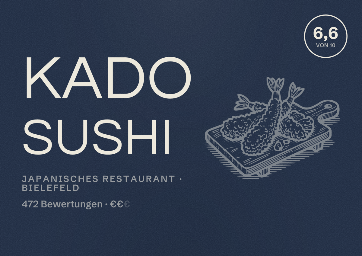 Illustriertes Poster von Kado Sushi, Japanisches Restaurant in Bielefeld: Bewertung 6,6 von 10 aus 472 Bewertungen, Preisniveau €€