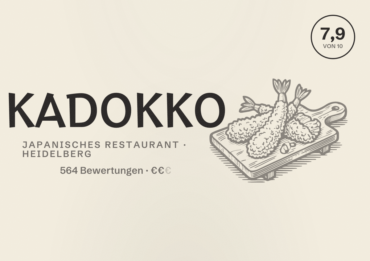 Illustriertes Poster von KADOKKO, Japanisches Restaurant in Heidelberg: Bewertung 7,9 von 10 aus 564 Bewertungen, Preisniveau €€