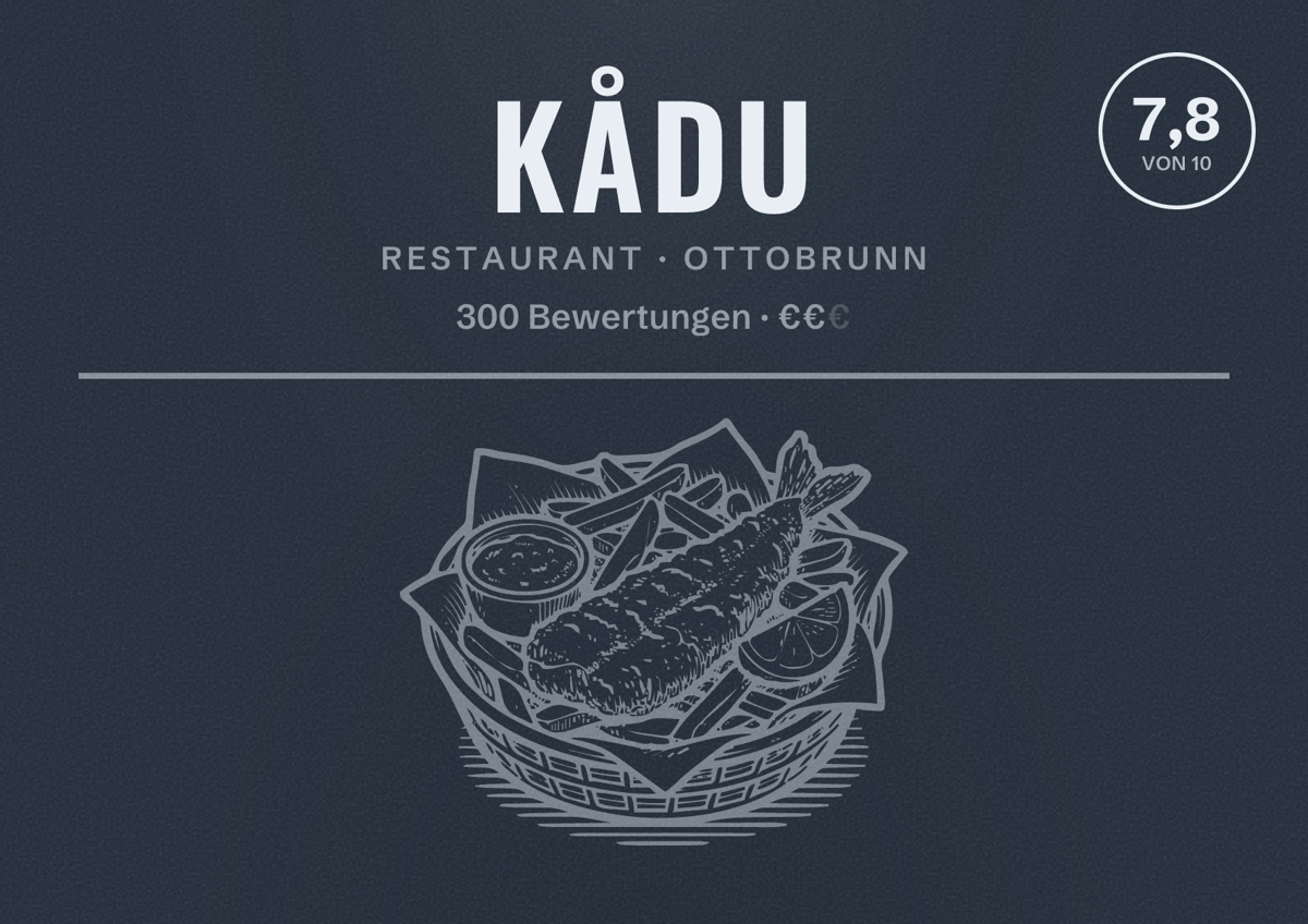 Illustriertes Poster von KÅDU, Restaurant in Ottobrunn: Bewertung 7,8 von 10 aus 300 Bewertungen, Preisniveau €€