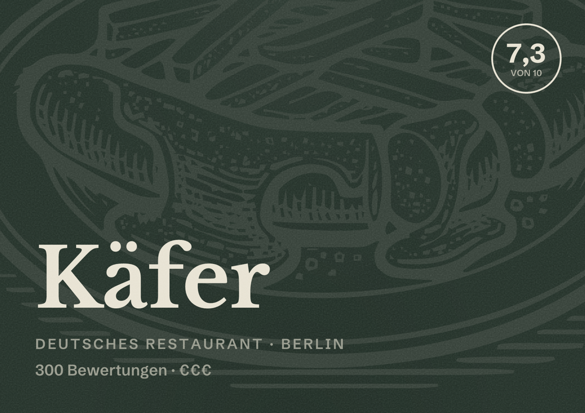 Illustriertes Poster von Käfer, Deutsches Restaurant in Berlin: Bewertung 7,3 von 10 aus 300 Bewertungen, Preisniveau €€€