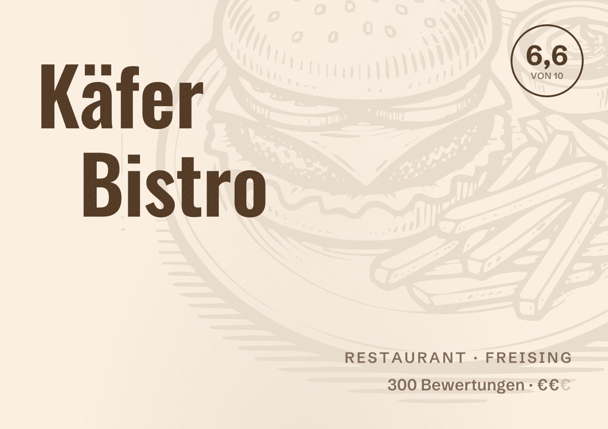 Illustriertes Poster von Käfer Bistro, Restaurant in Freising: Bewertung 6,6 von 10 aus 300 Bewertungen, Preisniveau €€