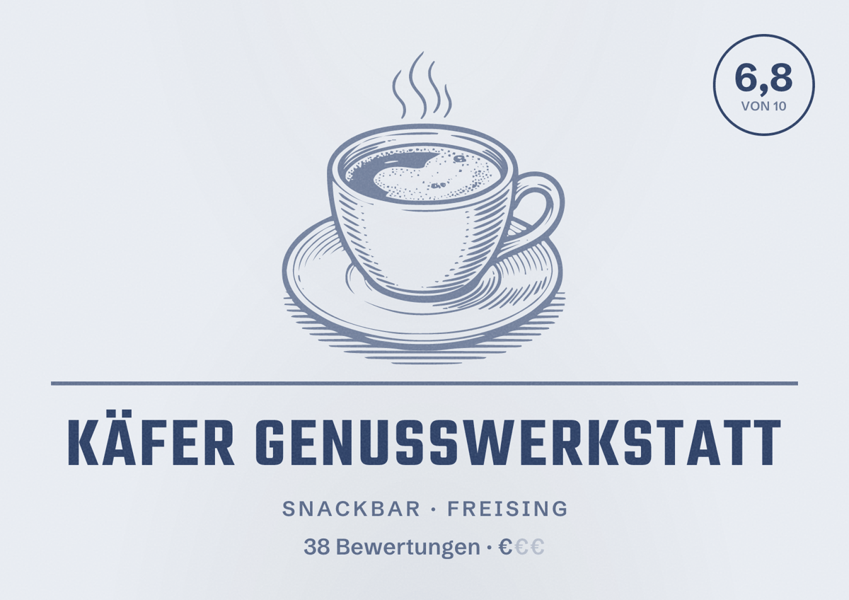 Illustriertes Poster von Käfer Genusswerkstatt, Snackbar in Freising: Bewertung 6,8 von 10 aus 38 Bewertungen, Preisniveau €