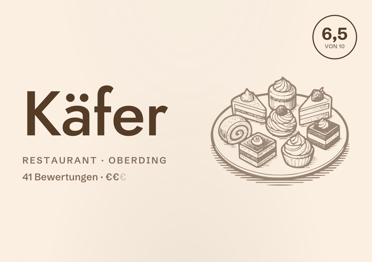 Illustriertes Poster von Käfer, Restaurant in Oberding: Bewertung 6,5 von 10 aus 41 Bewertungen, Preisniveau €€