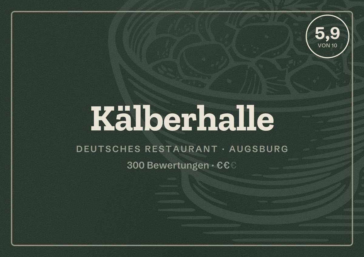 Illustriertes Poster von Kälberhalle, Deutsches Restaurant in Augsburg: Bewertung 5,9 von 10 aus 300 Bewertungen, Preisniveau €€