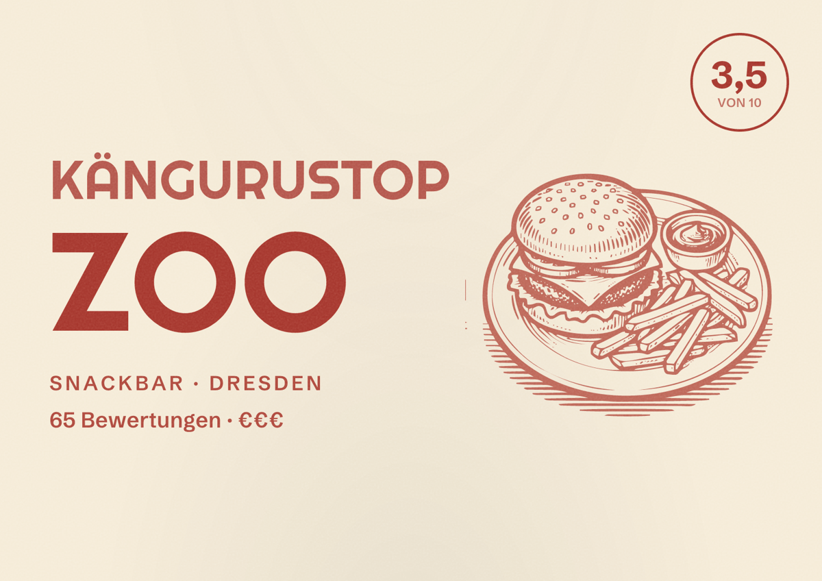 Illustriertes Poster von Kängurustop Zoo, Snackbar in Dresden: Bewertung 3,5 von 10 aus 65 Bewertungen, Preisniveau €€€