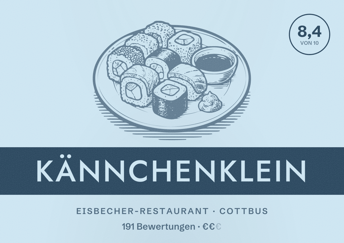 Illustriertes Poster von Kännchenklein, Eisbecher-Restaurant in Cottbus: Bewertung 8,4 von 10 aus 191 Bewertungen, Preisniveau €€