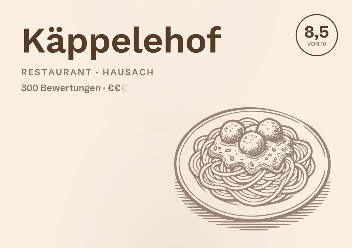 Illustriertes Poster von Käppelehof, Restaurant in Hausach: Bewertung 8,5 von 10 aus 300 Bewertungen, Preisniveau €€