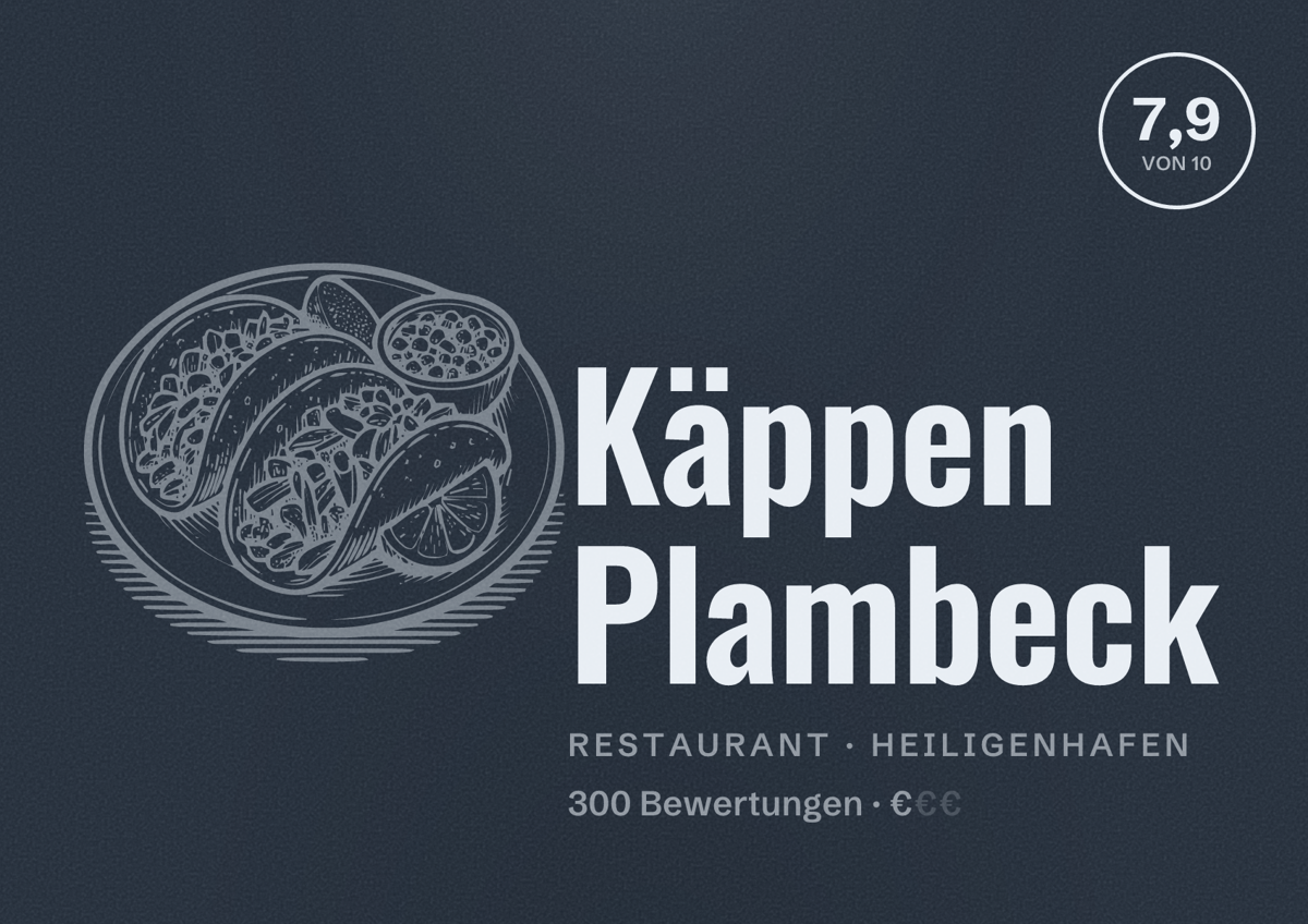 Illustriertes Poster von Käppen Plambeck, Restaurant in Heiligenhafen: Bewertung 7,9 von 10 aus 300 Bewertungen, Preisniveau €
