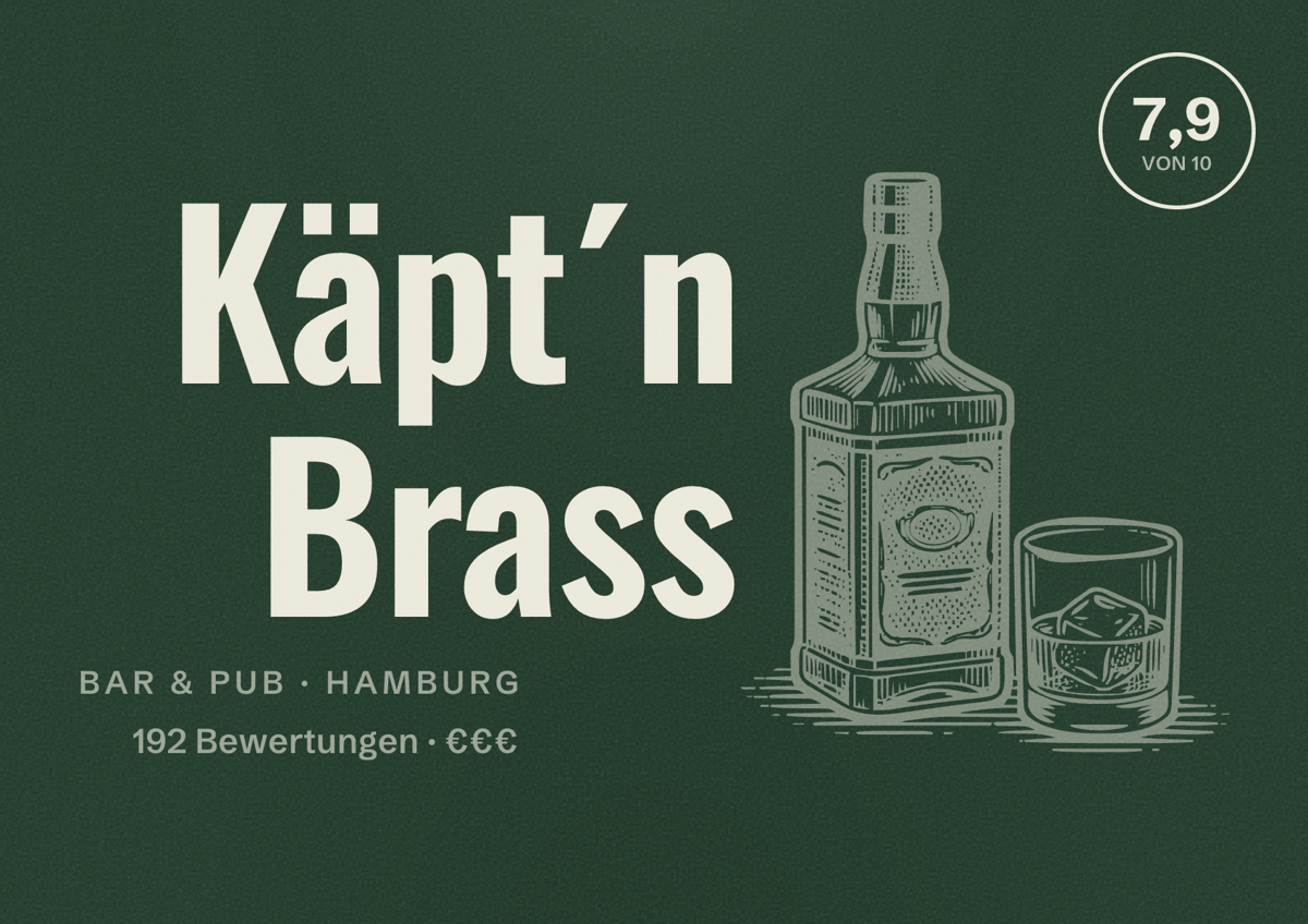 Illustriertes Poster von Käpt´n Brass, Bar & Pub in Hamburg: Bewertung 7,9 von 10 aus 192 Bewertungen, Preisniveau €€€