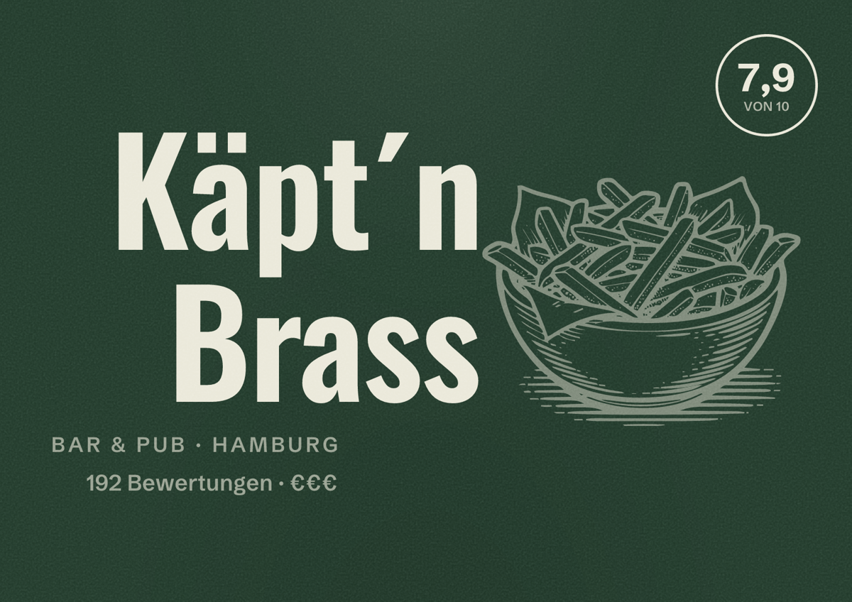 Illustriertes Poster von Käpt´n Brass, Bar & Pub in Hamburg: Bewertung 7,9 von 10 aus 192 Bewertungen, Preisniveau €€€