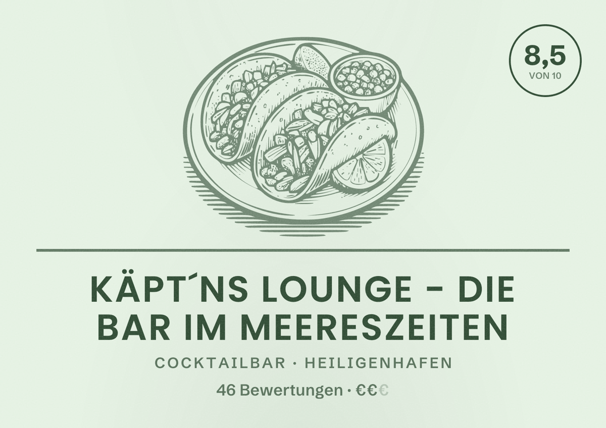 Illustriertes Poster von Käpt´ns Lounge - Die Bar im Meereszeiten, Cocktailbar in Heiligenhafen: Bewertung 8,5 von 10 aus 46 Bewertungen, Preisniveau €€