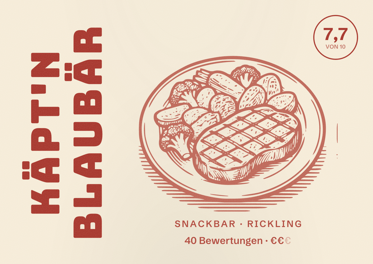 Illustriertes Poster von Käpt'n Blaubär, Snackbar in Rickling: Bewertung 7,7 von 10 aus 40 Bewertungen, Preisniveau €€