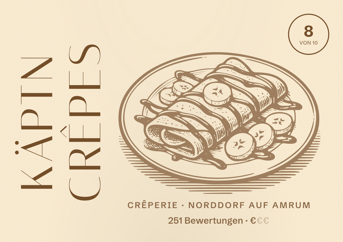 Illustriertes Poster von Käptn Crêpes, Crêperie in Norddorf auf Amrum: Bewertung 8 von 10 aus 251 Bewertungen, Preisniveau €