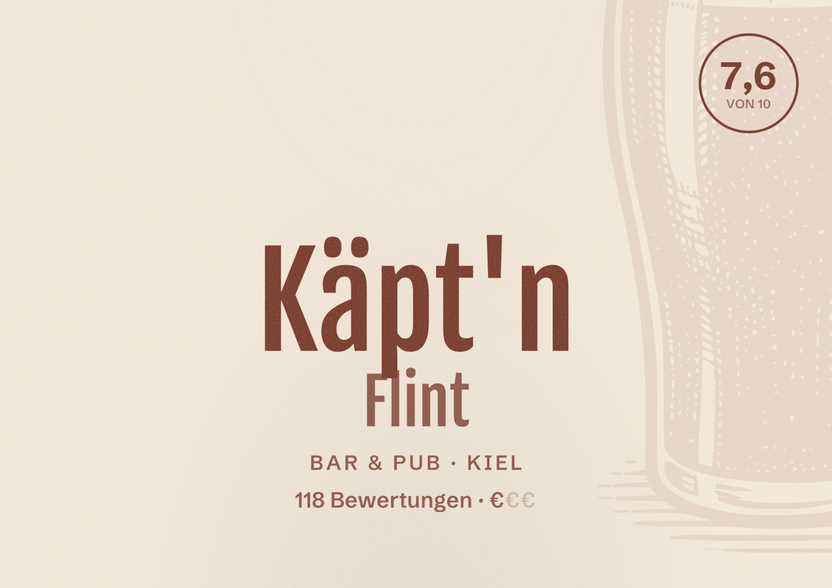 Illustriertes Poster von Käpt'n Flint, Bar & Pub in Kiel: Bewertung 7,6 von 10 aus 118 Bewertungen, Preisniveau €