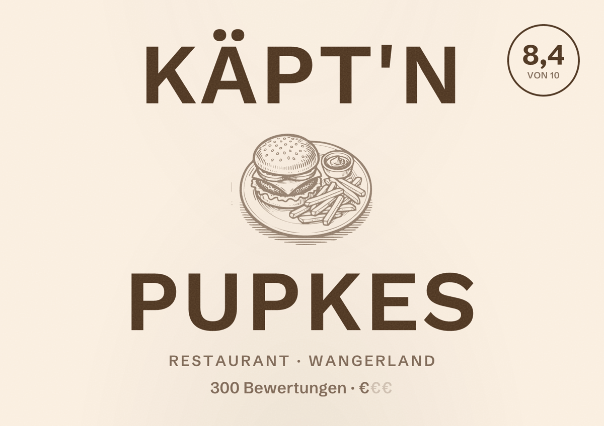 Illustriertes Poster von Käpt'n Pupkes, Restaurant in Wangerland: Bewertung 8,4 von 10 aus 300 Bewertungen, Preisniveau €