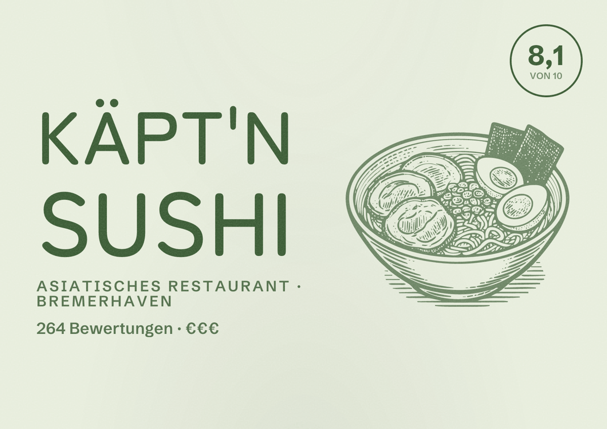 Illustriertes Poster von Käpt'n Sushi, Asiatisches Restaurant in Bremerhaven: Bewertung 8,1 von 10 aus 264 Bewertungen, Preisniveau €€€