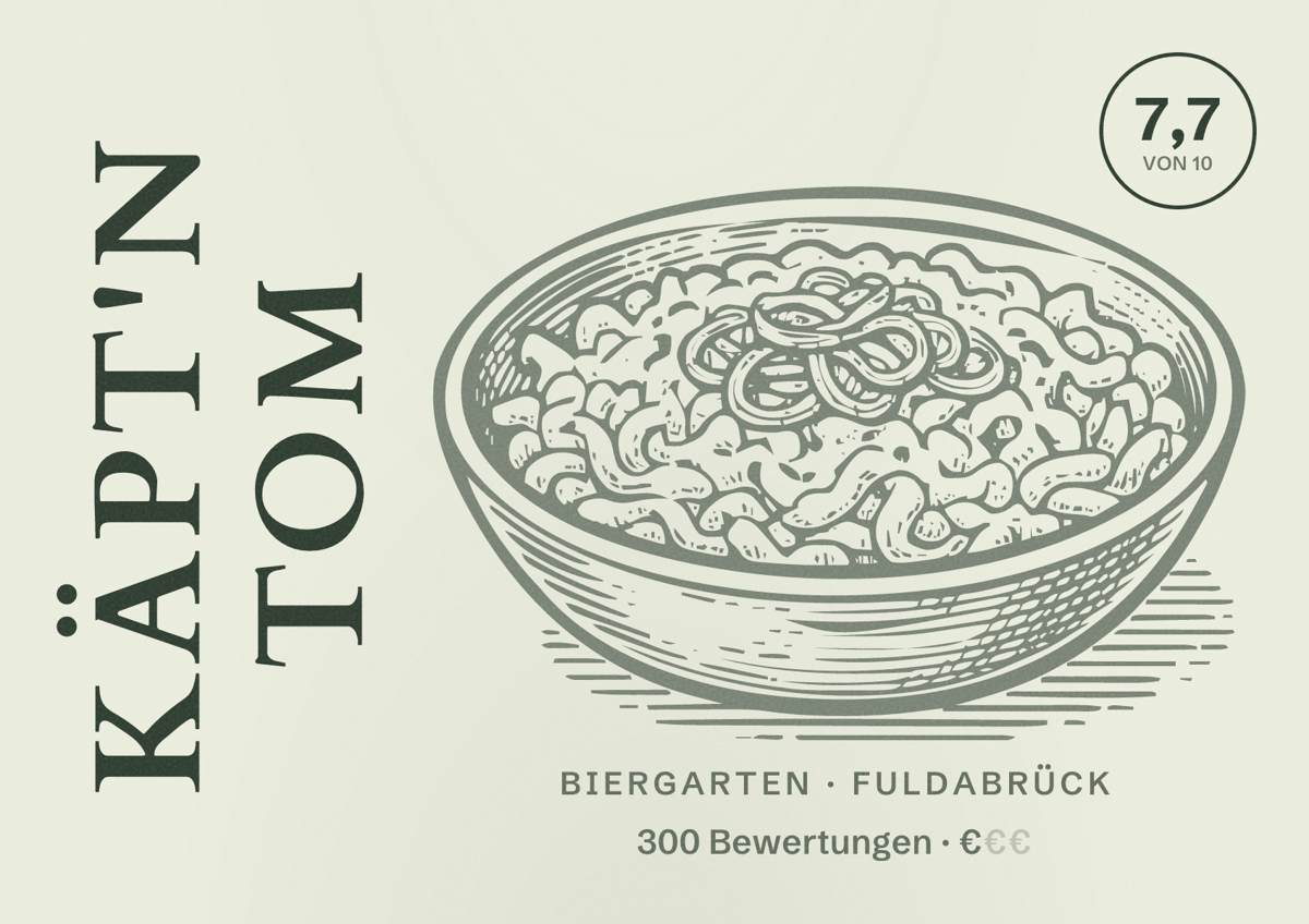 Illustriertes Poster von Käpt'n Tom, Biergarten in Fuldabrück: Bewertung 7,7 von 10 aus 300 Bewertungen, Preisniveau €