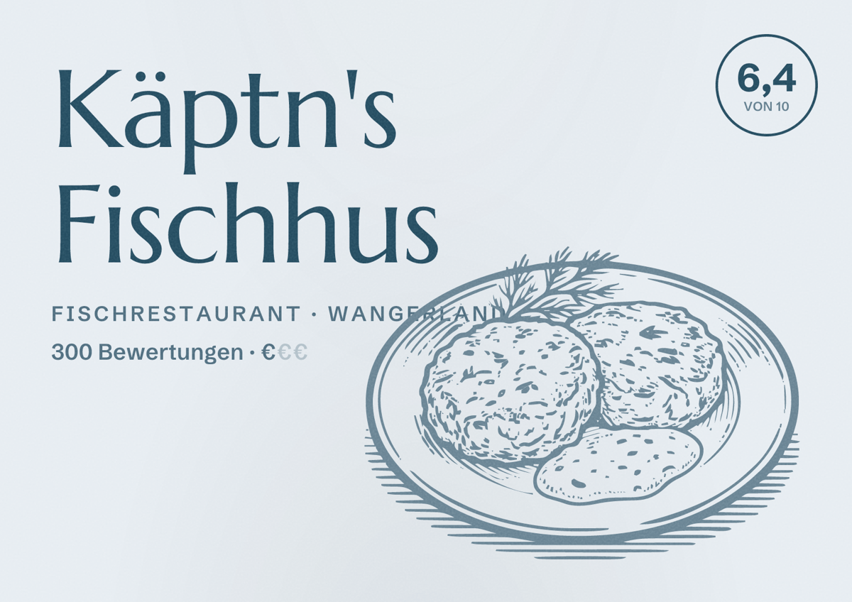Illustriertes Poster von Käptn's Fischhus, Fischrestaurant in Wangerland: Bewertung 6,4 von 10 aus 300 Bewertungen, Preisniveau €