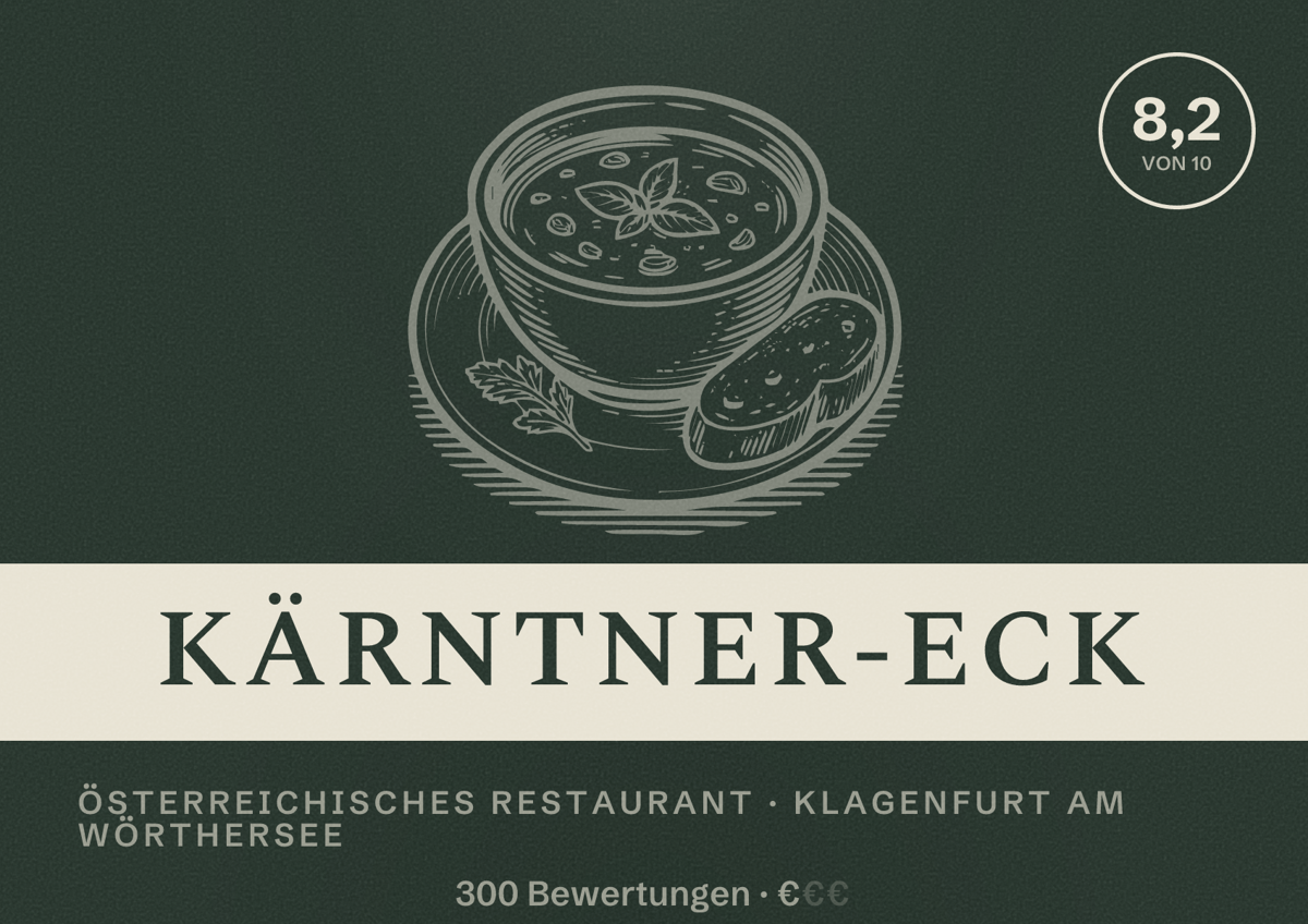 Illustriertes Poster von Kärntner-Eck, Österreichisches Restaurant in Klagenfurt am Wörthersee: Bewertung 8,2 von 10 aus 300 Bewertungen, Preisniveau €