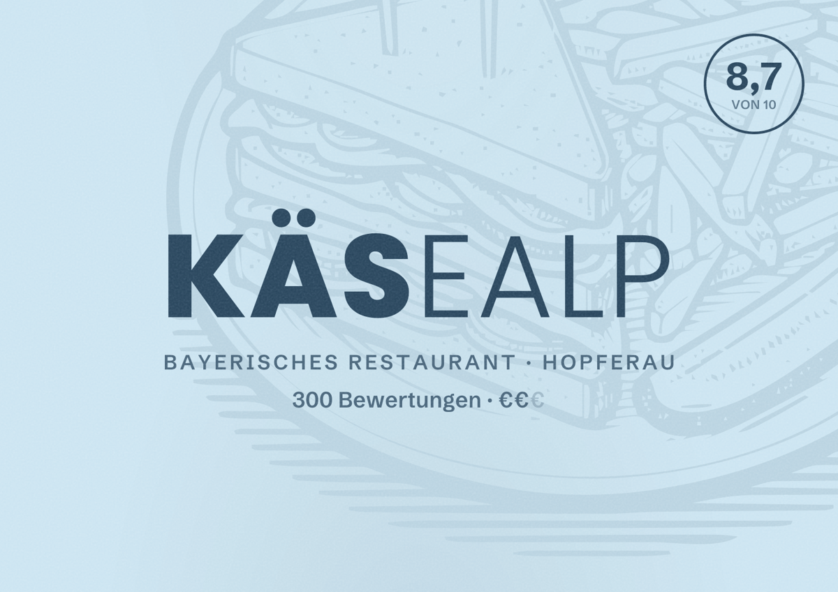 Illustriertes Poster von Käsealp, Bayerisches Restaurant in Hopferau: Bewertung 8,7 von 10 aus 300 Bewertungen, Preisniveau €€