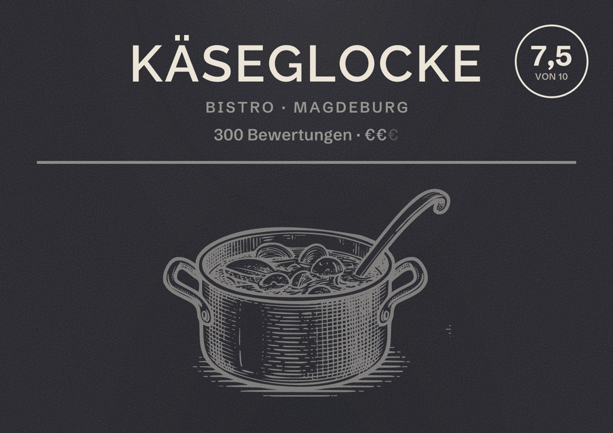 Illustriertes Poster von Käseglocke, Bistro in Magdeburg: Bewertung 7,5 von 10 aus 300 Bewertungen, Preisniveau €€