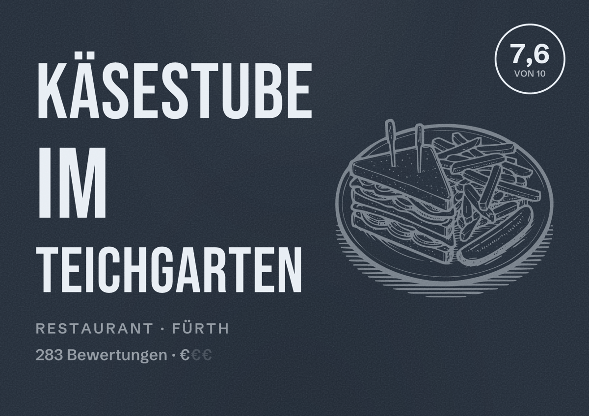 Illustriertes Poster von Käsestube im Teichgarten, Restaurant in Fürth: Bewertung 7,6 von 10 aus 283 Bewertungen, Preisniveau €