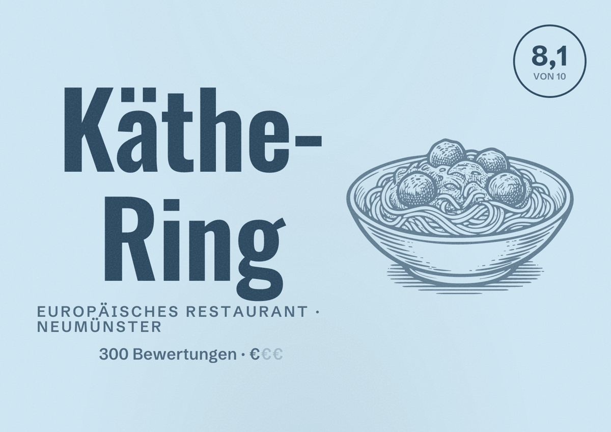 Illustriertes Poster von Käthe- Ring, Europäisches Restaurant in Neumünster: Bewertung 8,1 von 10 aus 300 Bewertungen, Preisniveau €