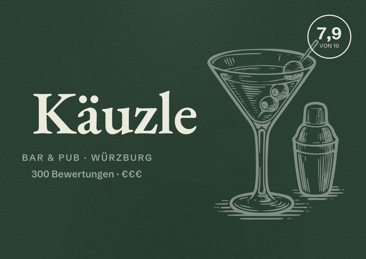 Illustriertes Poster von Käuzle, Bar & Pub in Würzburg: Bewertung 7,9 von 10 aus 300 Bewertungen, Preisniveau €€€